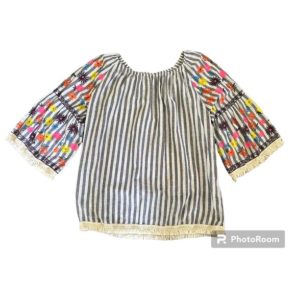 Ali Miles Black Stripe Tunic Linen Blend Floral Embroidered Sleeves Fringe Sz 1X - Picture 1 of 7